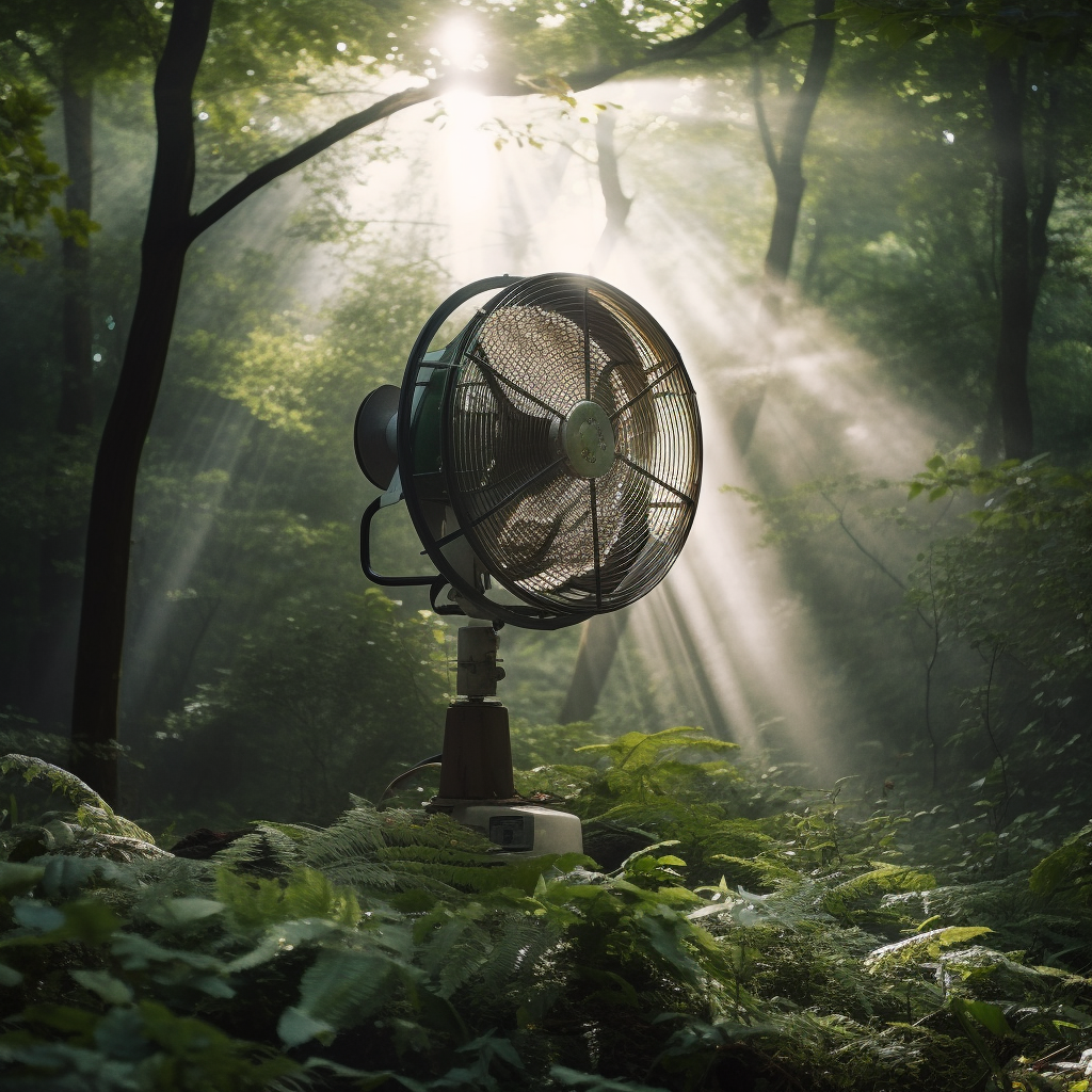 Criptoguima_a_fan_ventilator_in_the_middle_of_a_forest_gods_lig_0a691f6c-a6f4-455b-b976-19c84a4356e0